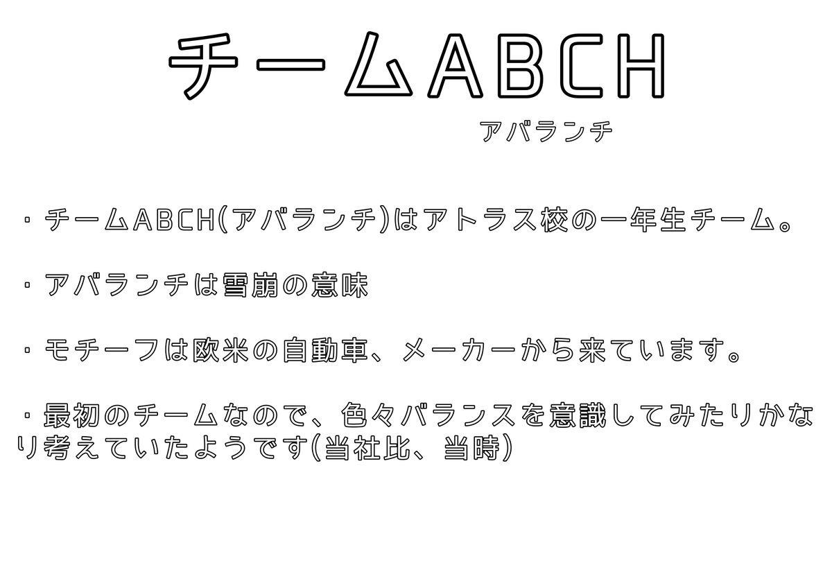 Abchでアバランチ 雪崩 だよ ちゃんと色をイメージしたチーム名を頑張って考えたよ ちなみにアバランシェとも読めるけど奇跡的にアバランチもアバランシェも車の名前にあるよ