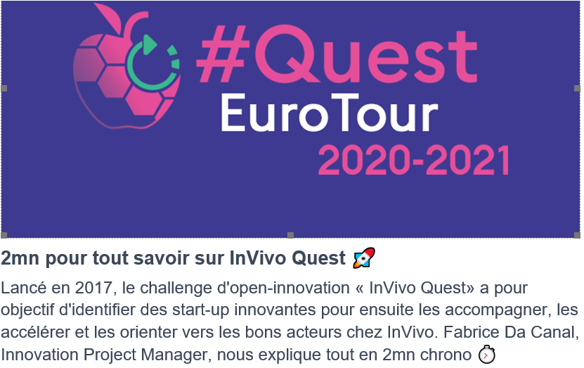InVivoGroup's tweet photo. 🗓️A 1 semaine des premiers webinars #QuestEuroTour20202, #1Week1Topic propose de (re)découvrir @InVivoQuest, le #AgFood Open Innovation Challenge🌱
Inscrivez-vous dès maintenant sur 👉https://t.co/coSRU9gjQu
#AgTech #FoodTech #StartUp https://t.co/JDP2mipQV4