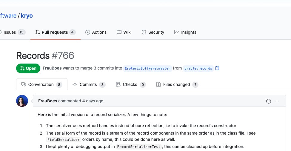 chegar999's tweet photo. Pull Request for #Kryo to support #Java records out-of-the-box.
#jdk14 #jdk15 https://t.co/OSrs4ftuwT