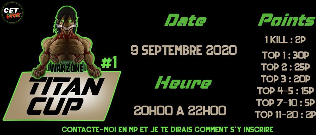 MERCREDI 9 SEPTEMBRE 2020
venez assister à la première édition de la Titan Cup 🏆 en compagnie de <a href="/viiirustv/">Viiirustv (TonTon La Découpe)</a> <a href="/YezusFR/">YezusFR</a> <a href="/ShaSkaTV/">ShaSka</a> @SILX78 <a href="/leinad_za/">LeinadCaZa</a> et beaucoup d’autres. 
<a href="/SupStreamers/">Support Streamers</a> <a href="/TwitchStreameur/">off</a> @RetweetStreamF1 #warzone #cup #livetwitch