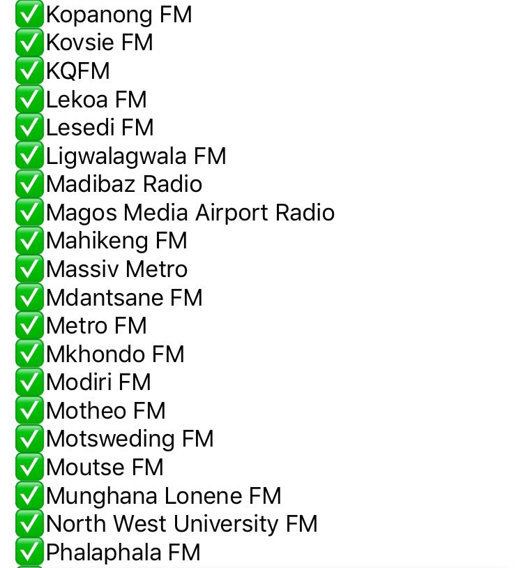 weplug_music's tweet photo. #ProjectWrap
Having peaked at #6 on the @radiomonitorsa Top 100 Airplay Chart and reached 176.33 million trackable impressions, thank you to all the radio stations below who made @djsbu’s #Mpambane ft Gesh, Bongane Sax, Mapiano, Papa & Drum Pope a huge success!
#WePlugMusic https://t.co/q7NQoS7beM