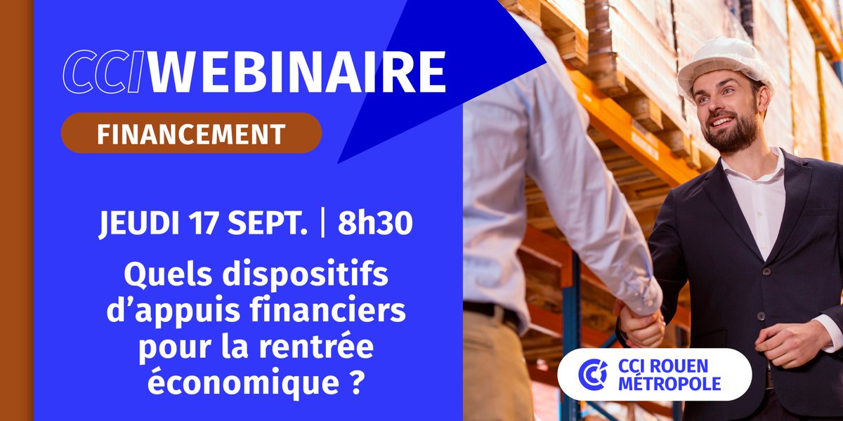📆 #AGENDA
17/09 : Webinaire gratuit : « Quels dispositifs d’appuis financiers pour la rentrée économique ? » 👉 rouen-metropole.cci.fr/inscription-90…
L’objectif de cet événement est de vous proposer un tour d’horizon des aides et appuis financiers pour vous aider à réussir votre #relance