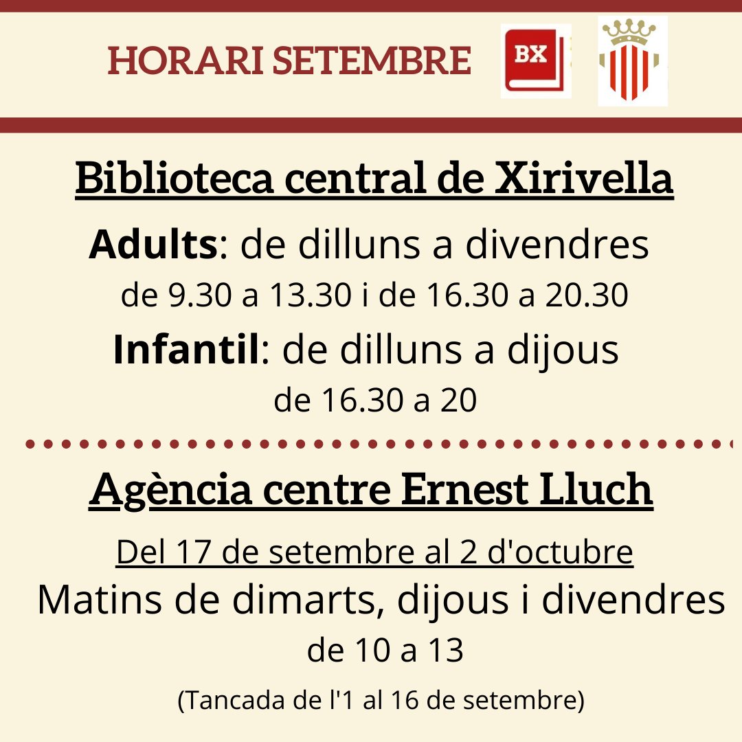 Horari setembre de les biblioteques de Xirivella