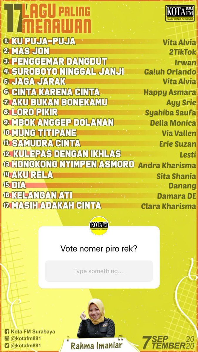 #TUGUPAHLAWAN #17lagupalingmenawan bareng <a href="/arinarahmaniar/">Arina Rahmaniar</a> . Milih lagu seng endi sobat kota?