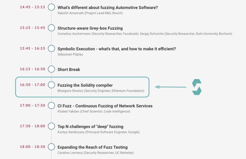 solidity_lang's tweet image. Interested in security testing and fuzzing? Then catch our security engineer Bhargava (@ibags) talk about &quot;Fuzzing the Solidity compiler&quot; tomorrow, 2020-09-08, at 4:30PM CEST at #FuzzConEurope, the European Online Conference About Fuzzing: fuzzcon.eu