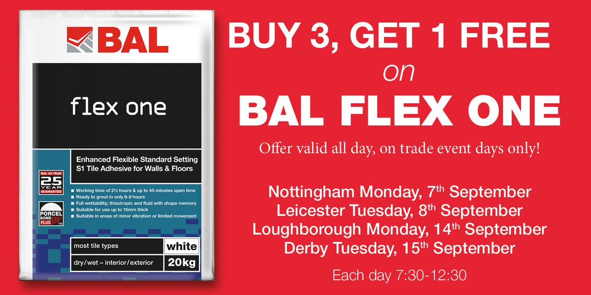 emctiles's tweet photo. #Nottingham - Grab your BUY 3, GET 1 FREE #specialoffer on @BALtiling #FLEXONE all day today!π
Geoff will also be here until about 12.30 to chat with you and answer any questions on #BAL products. You can also catch him at our #Leicester branch tomorrow!
#eastmidlands #tiling https://t.co/UlMiszuyuj