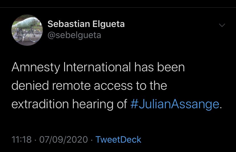 15/.  #BREAKINGAmnesty International’s legal observer has been denied remote access to the extradition hearing of  #JulianAssangeWe were already refused access to the courtroomWe were assured that we’d have access to the proceedings via the Cloud.This has not been granted.