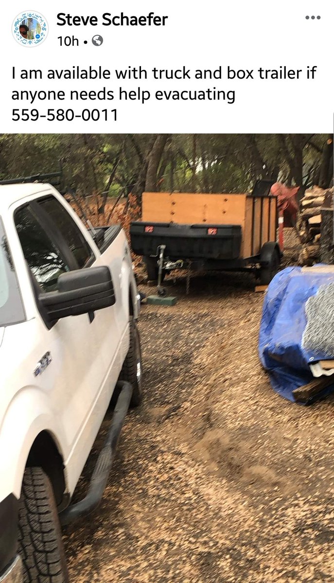   #CreekFire  #FresnoCountySteve is offering to assist w/ his truck & box trailer. Useful for crated  #animals -  #dogs, sm  #livestock or  #chickens PLEASE LEAVE EARLY IF YOU'VE GOT TO MOVE ANIMALS Post  http://www.facebook.com/groups/282624265422394/permalink/1257093144642163/ #DAT  #California  #Evacuations