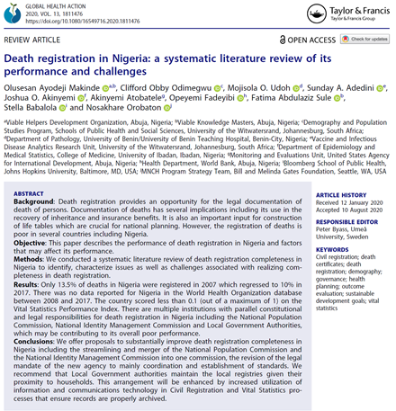 sesmak's tweet photo. Death registration is poor in Nigeria. In our publication in @GlobalHealthAct we use a systematic review to document how performance went from 13.5% in 2007 to 10% in 2017.
@natpopcom @nimc_ng @kfayemi @NigeriaGov @NIGERIAGOVNORS @DrJoeAbah
https://t.co/fJVqI4lyMH https://t.co/6pAAmLkj4e