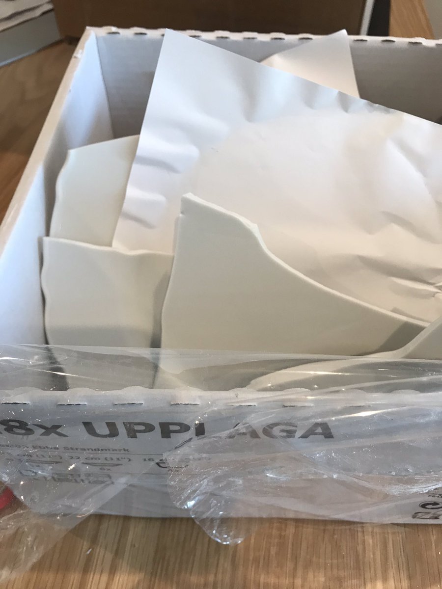 CalderLindsay's tweet photo. Not a night in a Greek restaurant but the smashed-in-the-box dinner set in my @IKEAUKSupport order. 30 minute phone wait or number 144 in the online chat to sort. Not impressed. #ikea @IKEAUK https://t.co/CmNoY6nrej