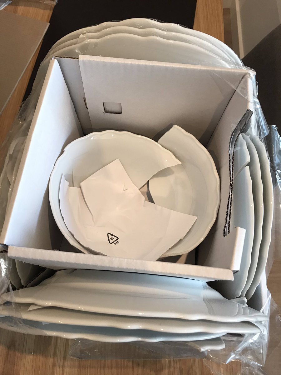 CalderLindsay's tweet photo. Not a night in a Greek restaurant but the smashed-in-the-box dinner set in my @IKEAUKSupport order. 30 minute phone wait or number 144 in the online chat to sort. Not impressed. #ikea @IKEAUK https://t.co/CmNoY6nrej