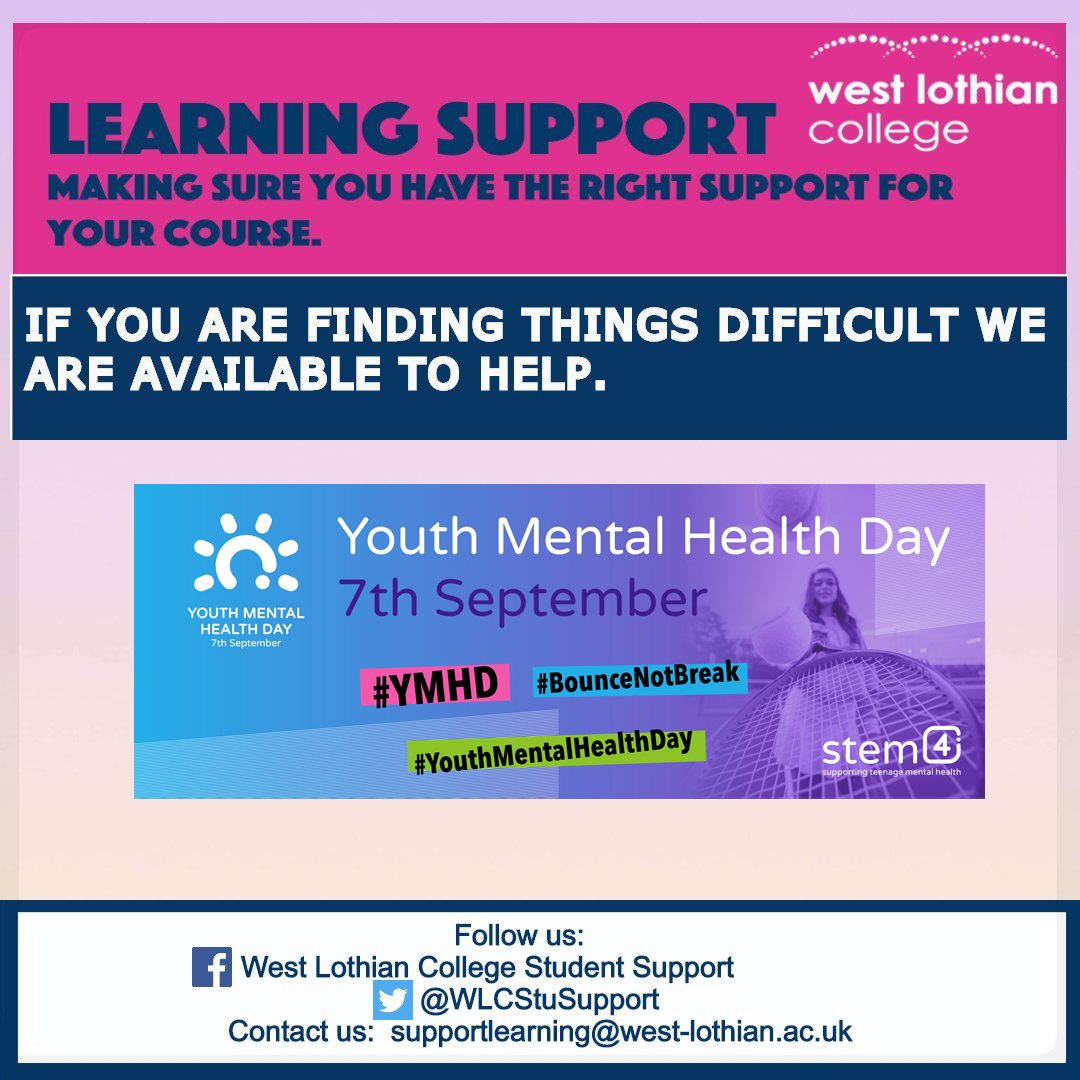 WLCStuSupport's tweet photo. Remember that we have access to counsellors. If you feel like things are getting to bad speak to us and we will do all we can to help. @WestLoCollege @WestLothianSA #WLCollege #bouncenotbreak #YMHD https://t.co/lcPcRS6VQr