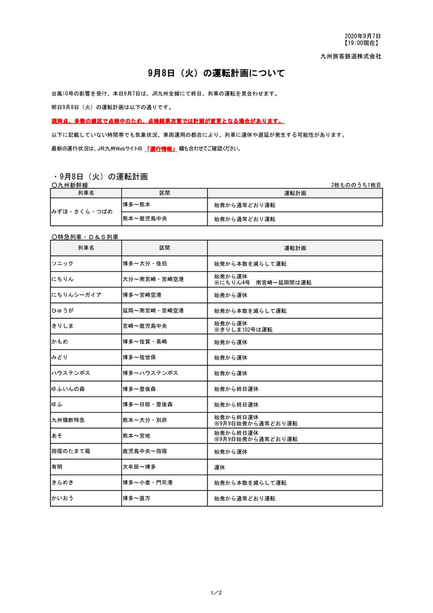 Jr九州 列車運行情報 福岡 北九州エリア 公式 On Twitter 9月8日 火 の運転計画について 2020年9月7日 19 00現在