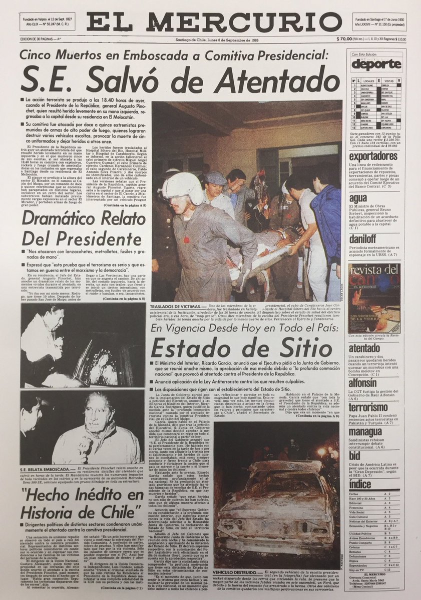 vidaenportadas's tweet photo. 1986 Septiembre 7 - Un día como hoy, hace 34 años, el Frente Patriótico Manuel Rodríguez (#FPMR) atentaba contra Augusto Pinochet y su comitiva en el Cajón del Maipo.

¿El resultado? 5 escoltas muertos. 

¿Pinochet? Un par de esquirlas y rasguños. https://t.co/tKTYAoMrn8