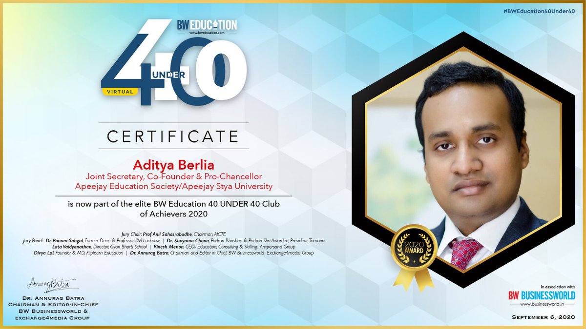 school_apeejay's tweet photo. Mr Aditya Berlia, Joint Secretary, Apeejay Education Society, and Co-Founder &amp; Pro-Chancellor, Apeejay Stya University, is now part of the elite BW Education 40 UNDER 40 Club of Achievers 2020.

#BWEducation40Under40 #2020Award #Achievers2020 #ASU #AES https://t.co/hXzuAe5tlu
