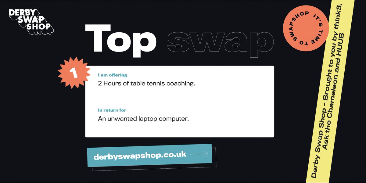 DerbySwapShop's tweet photo. NEW SWAP ALERT! Can you offer an unwanted laptop? Derby community TTC are offering 2 hours of table tennis coaching in return.
https://t.co/85PpTr8UlC
#table #tennis #tabtop #Derby #swapshop #Derbyswapshop https://t.co/6tAMyXSnFb