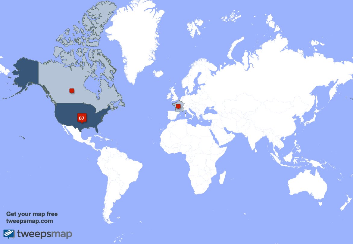 Maydayten33's tweet photo. My followers live in 3 countries: USA(71%), Canada(14%)... https://t.co/3y2wbbhnF3
Get your free map! https://t.co/NgFmqJ1IWH