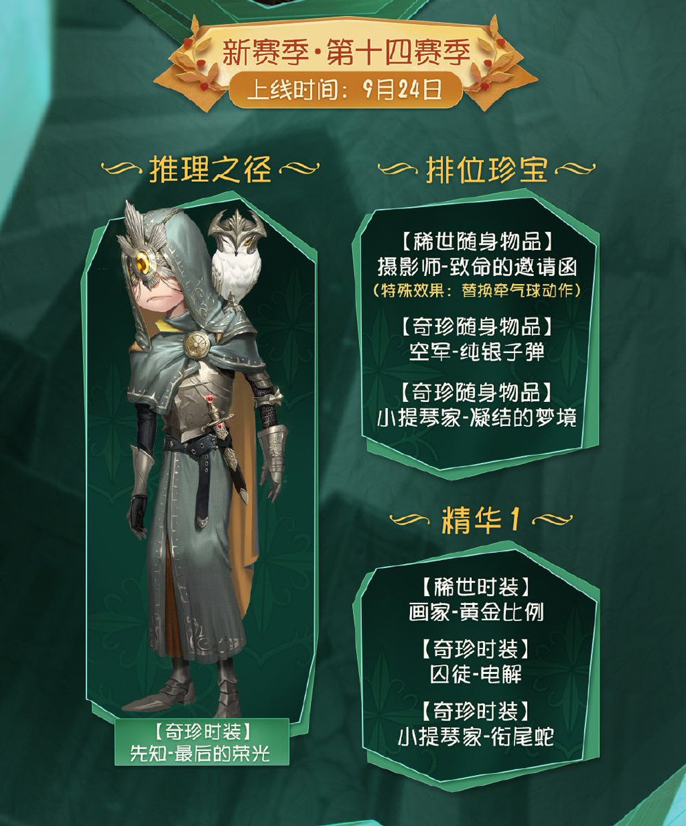 Vivi Identityv第五人格 シーズン13 推理の径 占い師 Ssr 最後の栄光 ランク秘宝 写真家 致命的な招待状 Ur携帯品 空軍 シルバーブレット Ssr携帯品 ヴァイオリニスト 凝結した夢 Ssr携帯品 真髄1 画家 Ur 黄金比 囚人 Ssr 電解