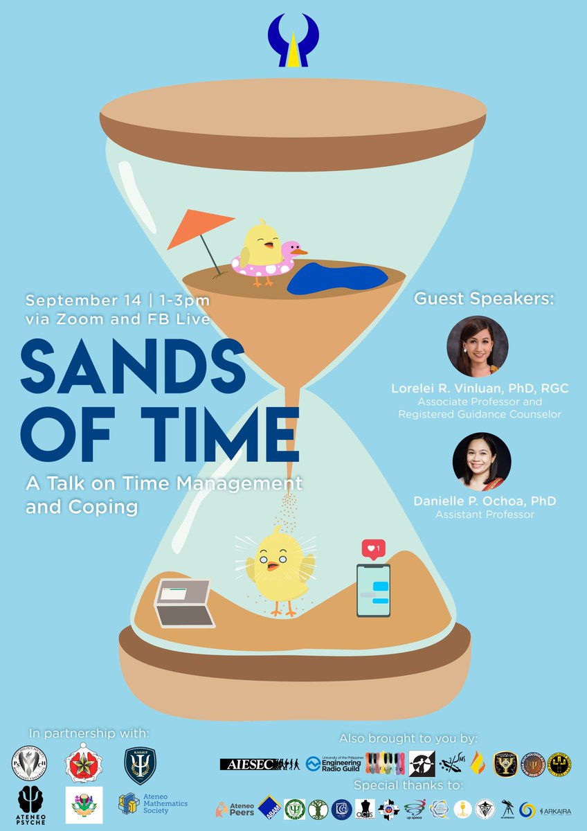 Are you ready to take on the new school year online? Want some tips on how to manage your time better and cope with the stress brought by online classes?

UP PUGAD Sayk proudly presents Sands of Time: A Talk on Time Management and Coping, September 14, 1-3 PM on Facebook Live.