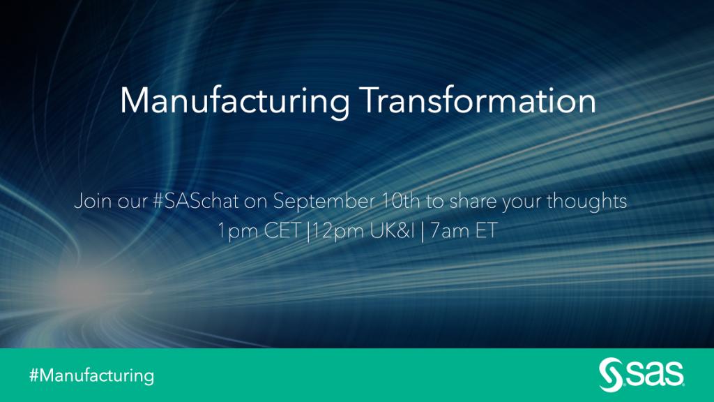 sasforums's tweet photo. Join our #SASchat on Sept. 10th with @sassoftware + #E4TC to hear lessons from the journeys of innovative manufacturers. Here is a sneak peak on the questions https://t.co/kIniEzIK04 #manufacturing #transformation #analytics https://t.co/KcrGCdMIIq