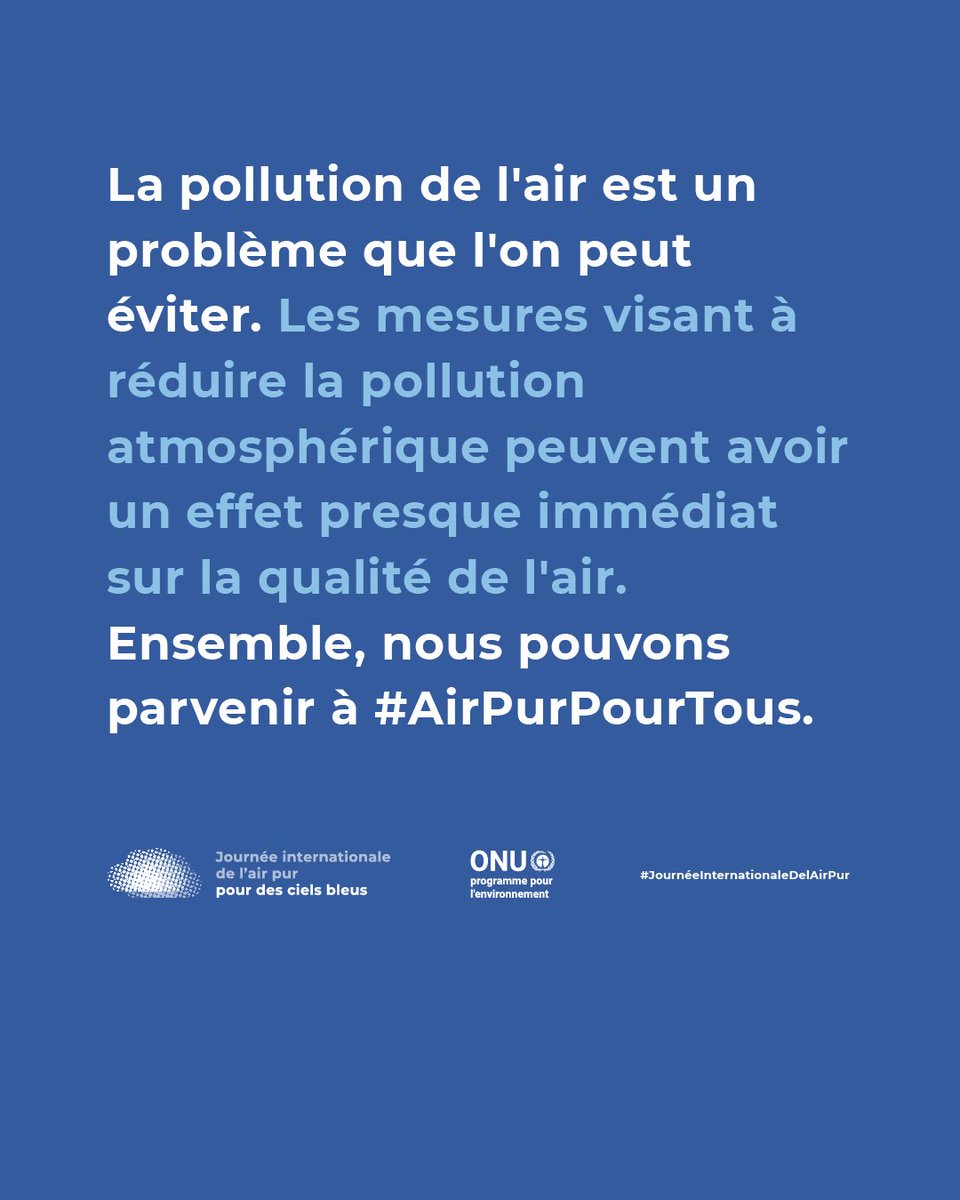 La pollution de l'air nuit à notre santé et à la 🌎🌏🌍.

#JournéeMondialeDelAirPur : la communauté internationale est mobilisée pour un #AirPurPourTous. 

Pour en savoir plus sur ce problème crucial et sur la manière dont vous pouvez vous impliquer : cleanairblueskies.org/fr
