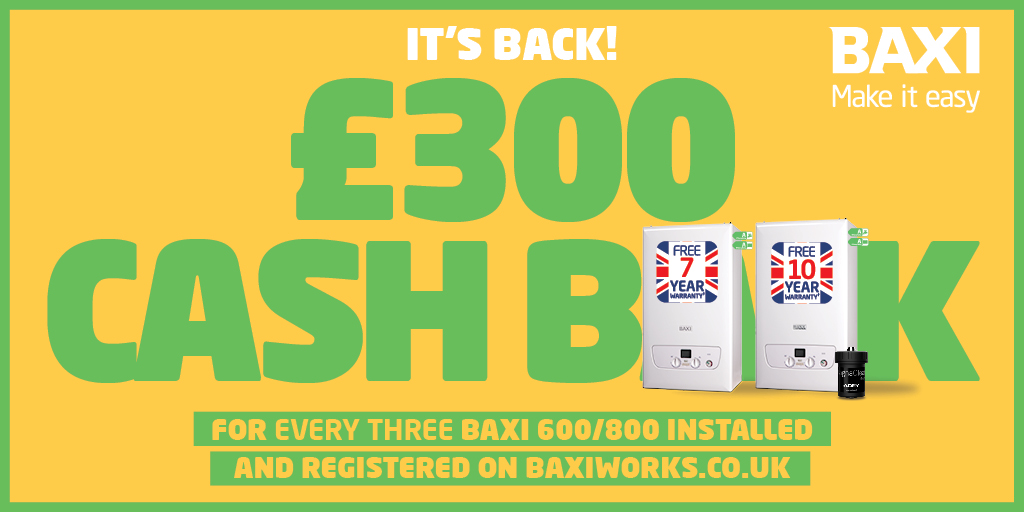 baxiboilers's tweet photo. It's this simple: 

For EVERY THREE Baxi 800, 600 &amp; Platinum + system &amp; combi boilers you install and register on our loyalty scheme Baxi Works from 01/09-30/11, you will get £300 #CASHBACK!

https://t.co/rgqHf6079Q

Not a member of #BaxiWorks, head here https://t.co/06cRnAxfzW https://t.co/eQOz2glOwU
