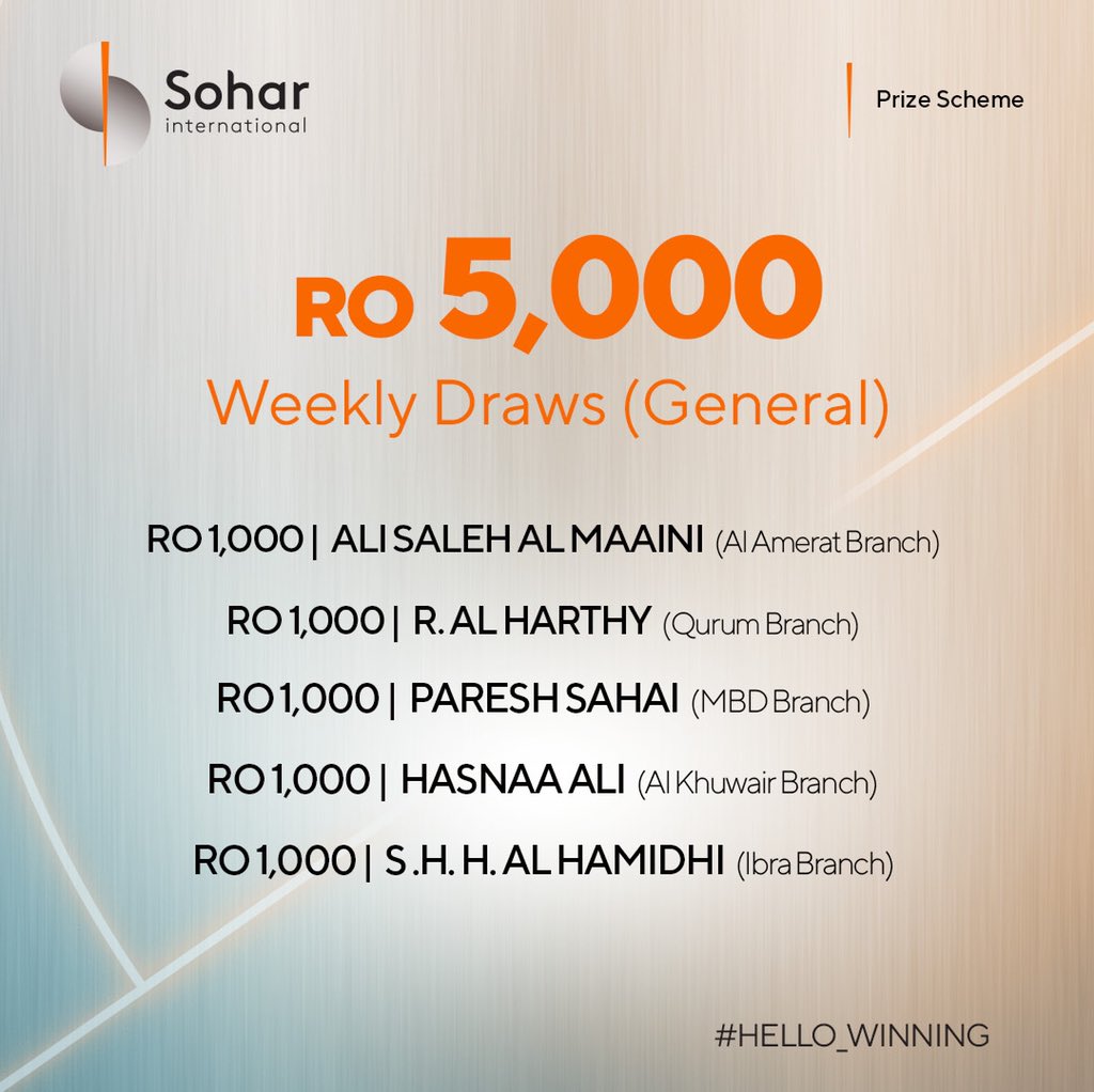 sohar_intl's tweet photo. Congratulations to our lucky weekly winners of our Sohar | Prize Scheme 2020!
🥳

Start saving today and stand a chance to be our next winner. For more information, contact us on
24730000 or visit
 https://t.co/xJpVZBGWta
#Hello_Winning https://t.co/cemJOyAaf5