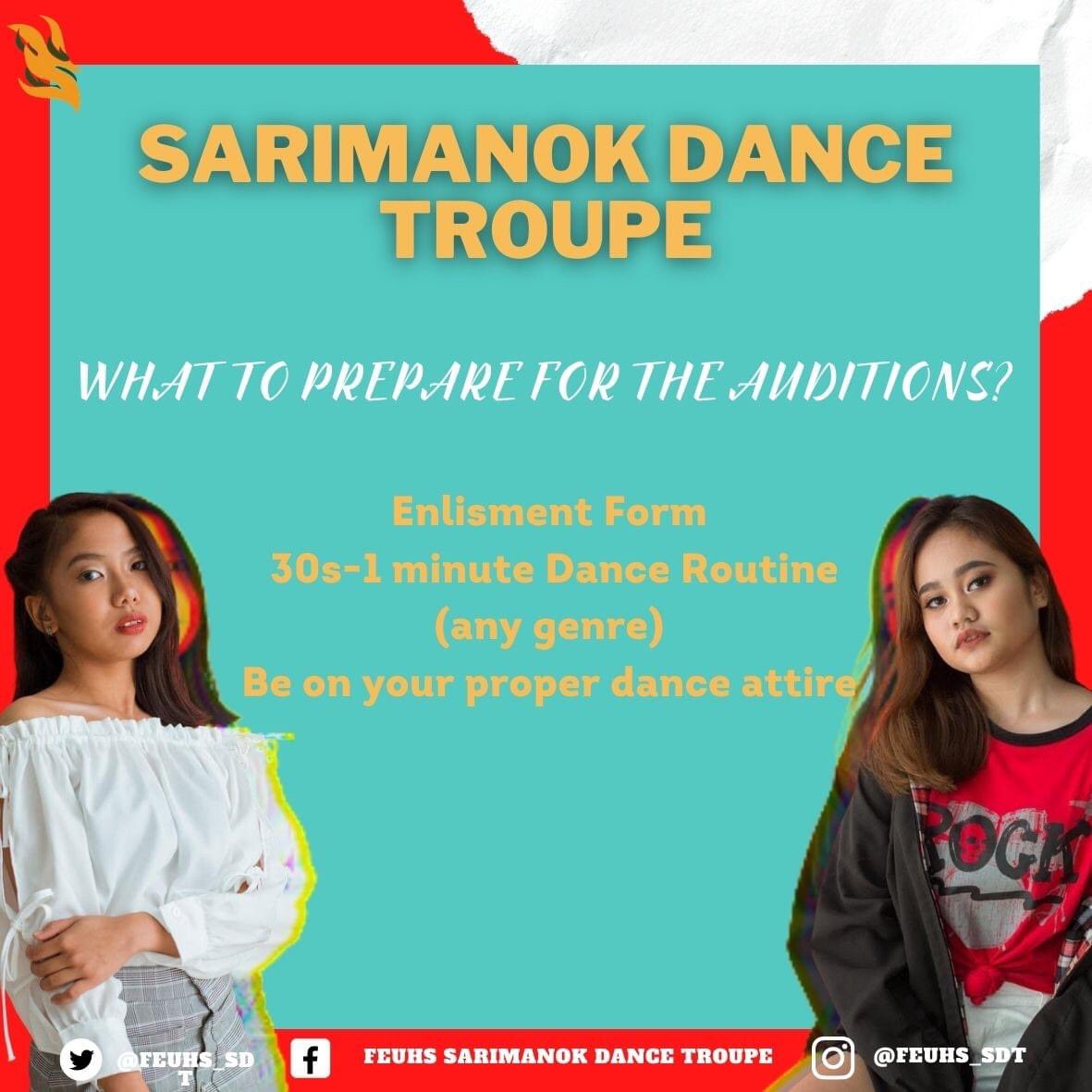 feuhs_sdt's tweet photo. AUDITIONS ARE NOW OFFICIALLY OPEN! โก๏ธ
Calling all aspiring dancers out there!
Do you have what it takes to be part of Sarimanok Dance Troupe?
It's not too late to join our growing family! https://t.co/kCg5wDqHG5
#SDTConquer https://t.co/IPnK3lX877