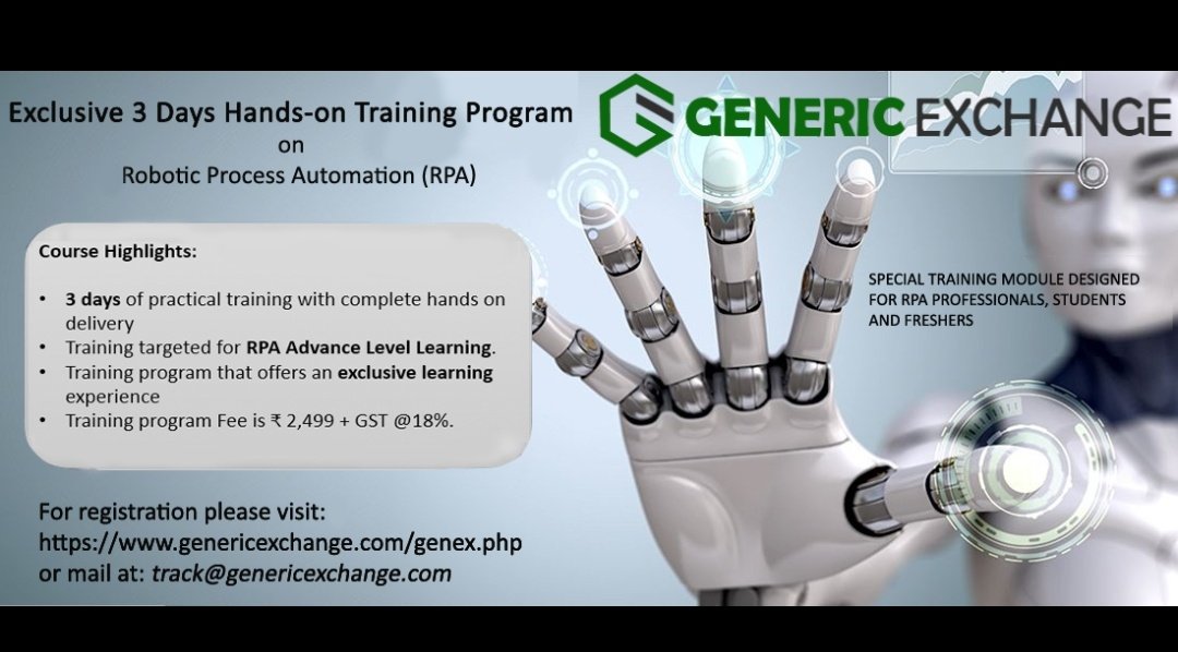 GenericExchange's tweet photo. THE FUTURE IS HERE!

Gen Ex Learning brings you an exclusive 3-day workshop on Robotic Process Automation (RPA)!

For optimum student-teacher ratio, we have limited seats in the first batch. 
So hurry up to grab yours!

Date: Sept 15-17 

Register: https://t.co/ATEgvHJzVs https://t.co/5zPKR4sUZL