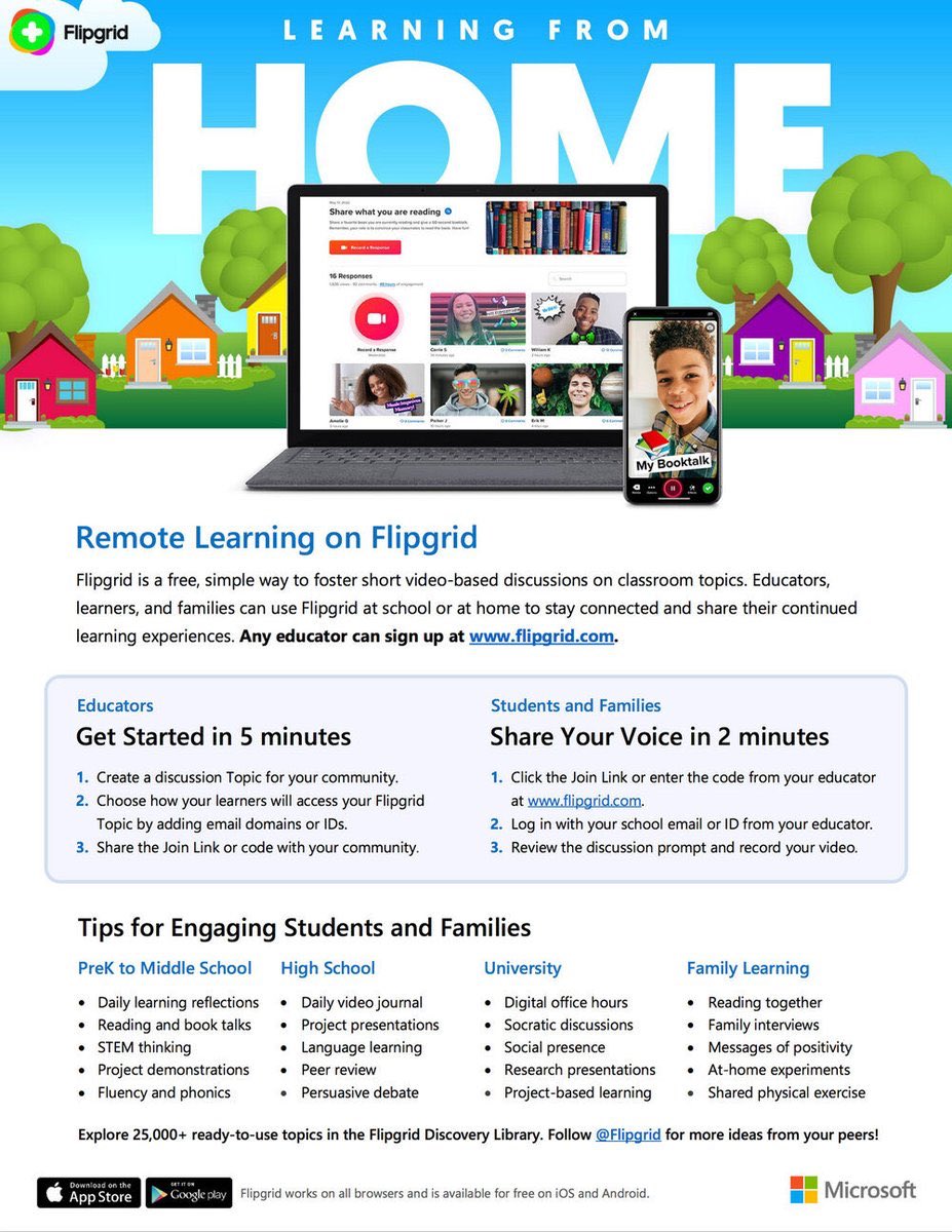 This one page PDF contains all the information you need to get started using @Flipgrid in a remote learning environment.

Learn more at blog.flipgrid.com/news/remotelea…

#FlipgridForAll 💚