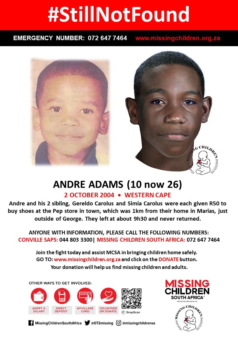 072MISSING's tweet photo. #MCSAMissing
Andre Adams (10 now 26) was last seen 2 October 2004.
Thank you Laura @ItalianMissing for the age progression of #AndreAdamsStillMissing.
#StillNotFound https://t.co/z6PfcKCSoE