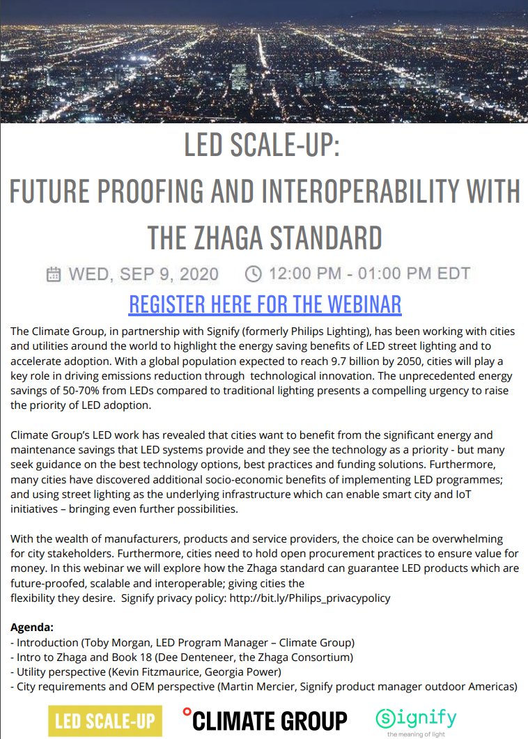 ClimateGroup's tweet photo. Interested in #LEDs? Join our #LEDScaleUp webinar TOMORROW with @Signifycompany, @Zhaga_LED and @GeorgiaPower to discuss the #Zhaga standard for #SmartCity integration, future-proofing and #Interoperability! Register here - https://t.co/YU6uT8rUQy https://t.co/07uafjeebw