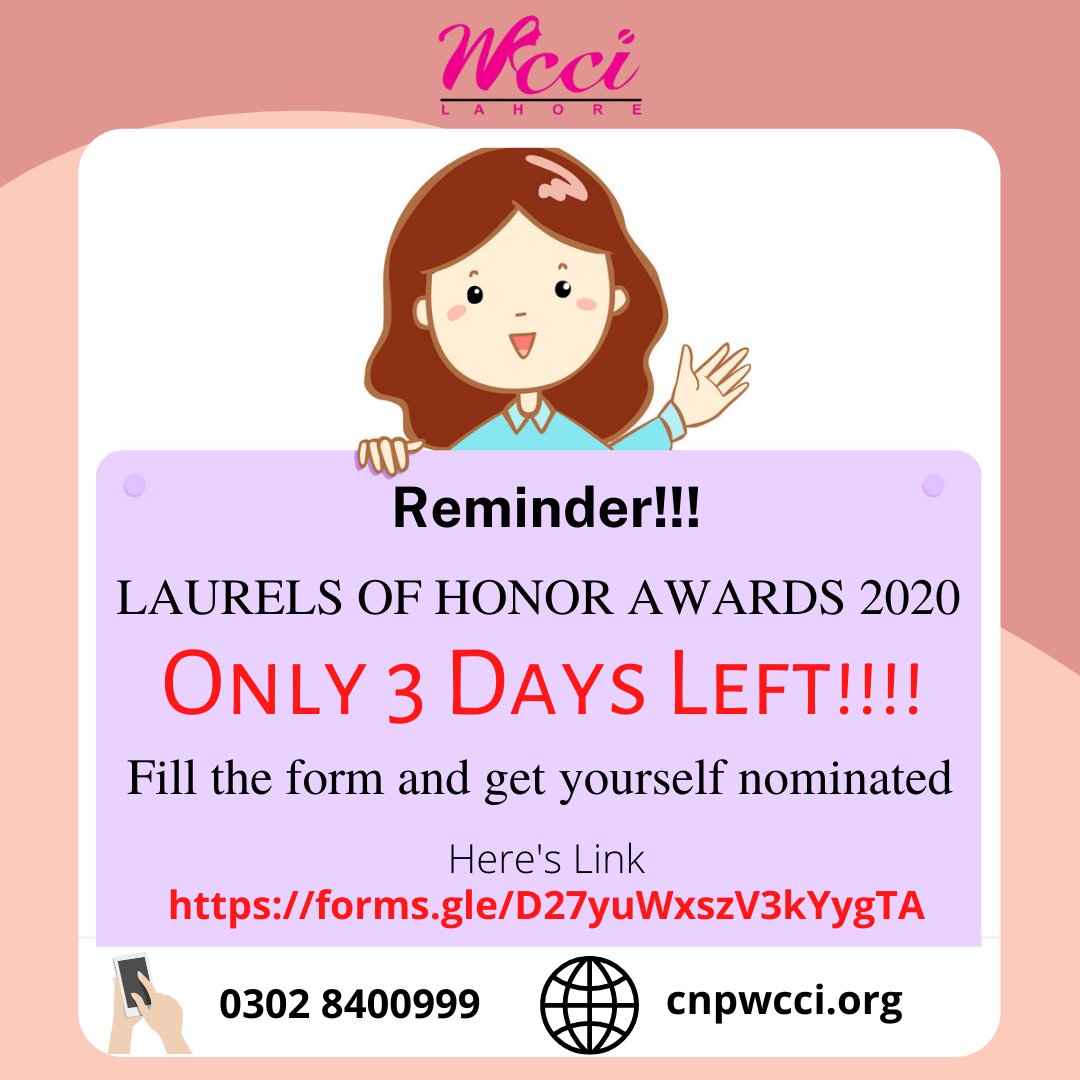 WCCILAHORE1's tweet photo. 2020 Laurels of Honor Award
Laurels of Honor is the celebration of women's power, a salute to their indomitable spirit as agents of change.
Click this link and fill the form to get yourself nominated: https://t.co/qUsC6oRaH9

#award
#laurelofhonor https://t.co/73cJXaiEuy