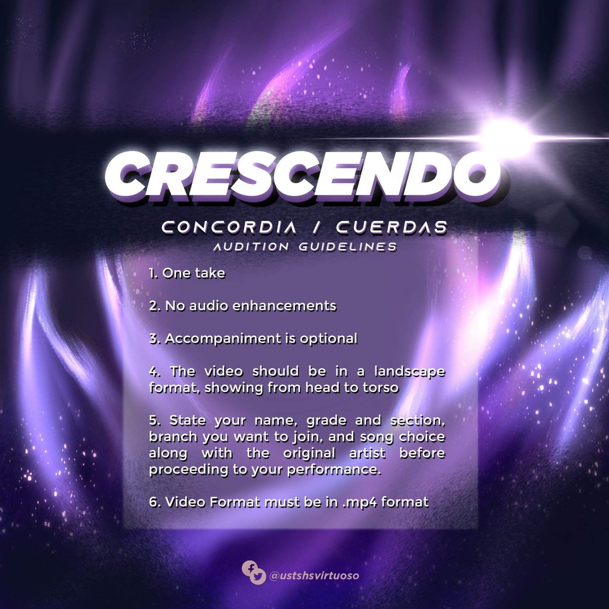 USTSHSVirtuoso's tweet photo. Are you ready to set forth on a new journey with us?

Here are the guidelines for the upcoming Auditions.
We want YOU to be part of our family!! 🎶
 
#CRESCENDO2020
#TatakVirtuoso
#ONEinVIRTUOSO
#GustoKongSumama https://t.co/w0qA3tnc2k