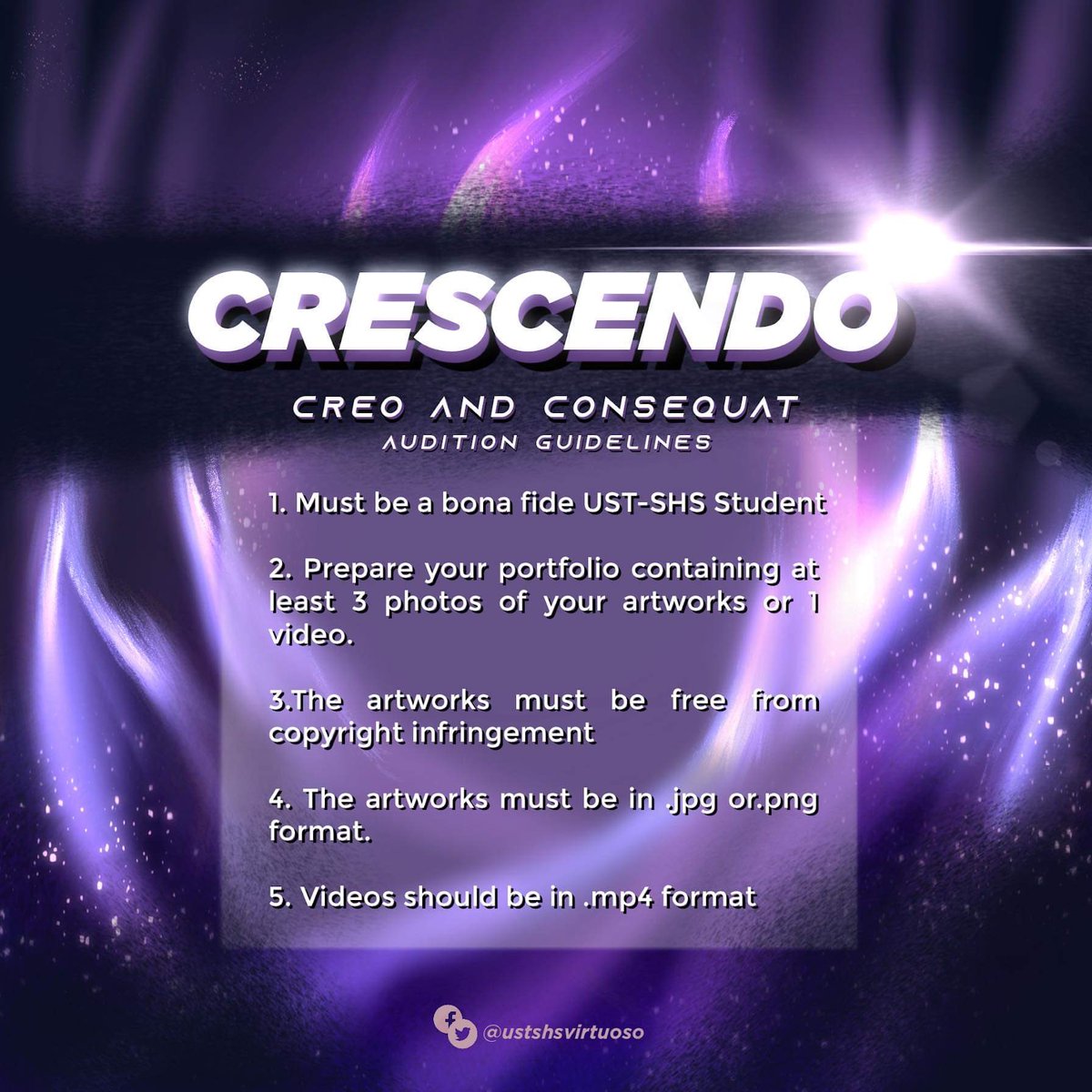 USTSHSVirtuoso's tweet photo. Are you ready to set forth on a new journey with us?

Here are the guidelines for the upcoming Auditions.
We want YOU to be part of our family!! 🎶
 
#CRESCENDO2020
#TatakVirtuoso
#ONEinVIRTUOSO
#GustoKongSumama https://t.co/w0qA3tnc2k