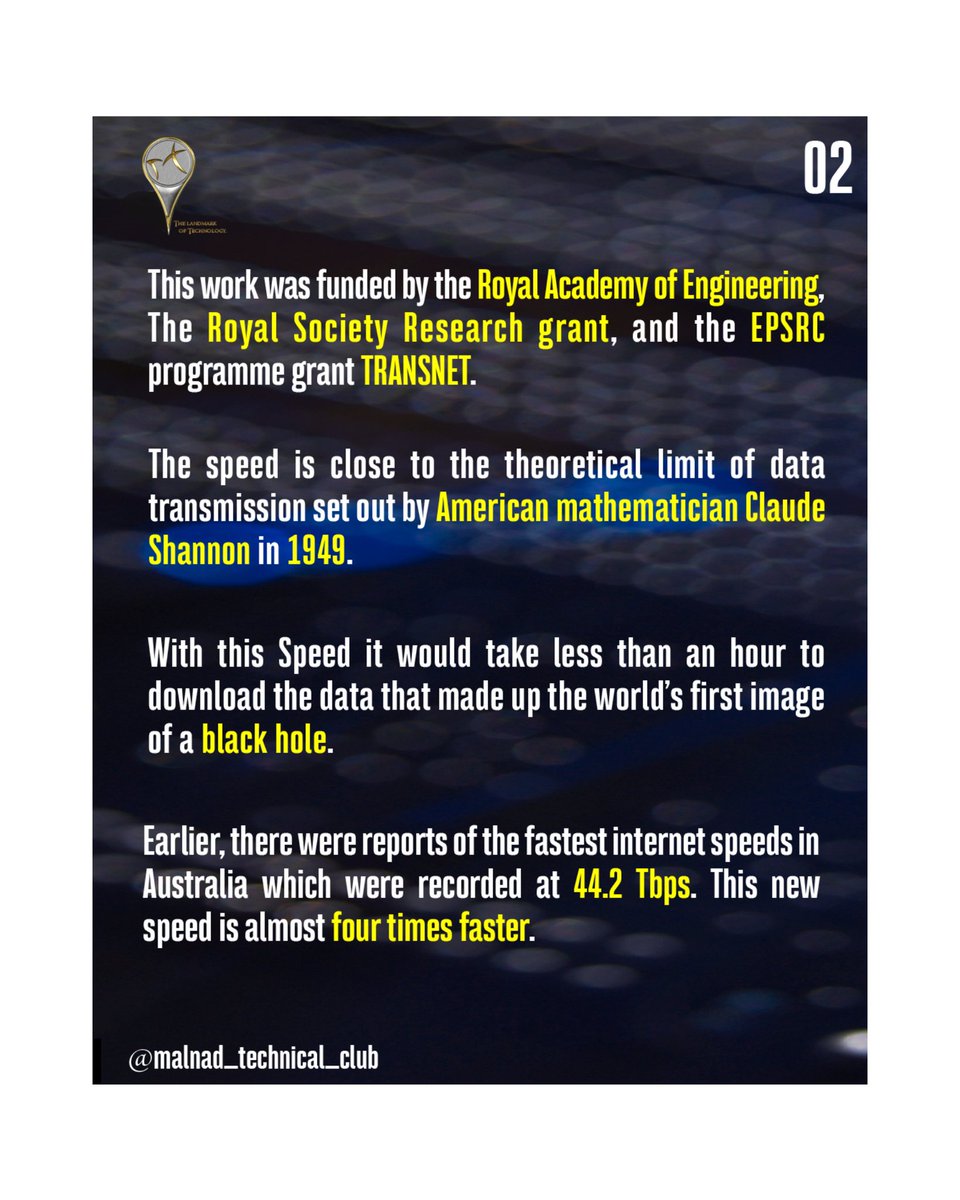 MalnadTechClub's tweet photo. Researchers have achieved the world's fastest internet speed which is 4 times faster than the previously recorded speed.
#mce #malnadtechnicalclub #tech #covid19 #vtu #didyouknow #technology #internetspeed #fastinternet #internet #UCL #xtera #kiddiresearch #researcher #epsrc https://t.co/odxYyLtVEs