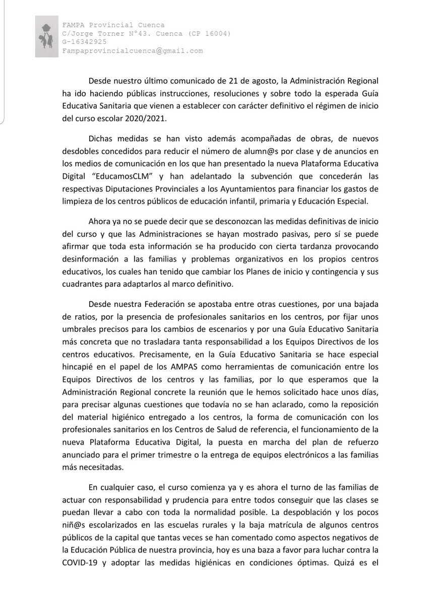 FampaCuenca's tweet photo. Hoy 7 de septiembre, compartimos de nuevo nuestra visión de un curso que se adivina complejo.
Aprovechamos para reiterar que estamos a vuestra disposición para cuanto podamos ayudar. https://t.co/qs17gHe7A2