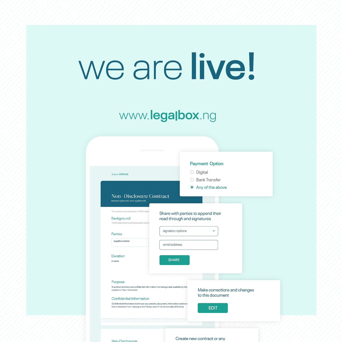legalboxng's tweet photo. WE ARE LIVE!!!

After many weeks of building a solution that could help people do business better, smarter and safer, Legalbox is here!

With Legalbox, you can easily create invoices, contracts, privacy policies and receive payments for your business. 

Please RT. https://t.co/g0SymW1bVX