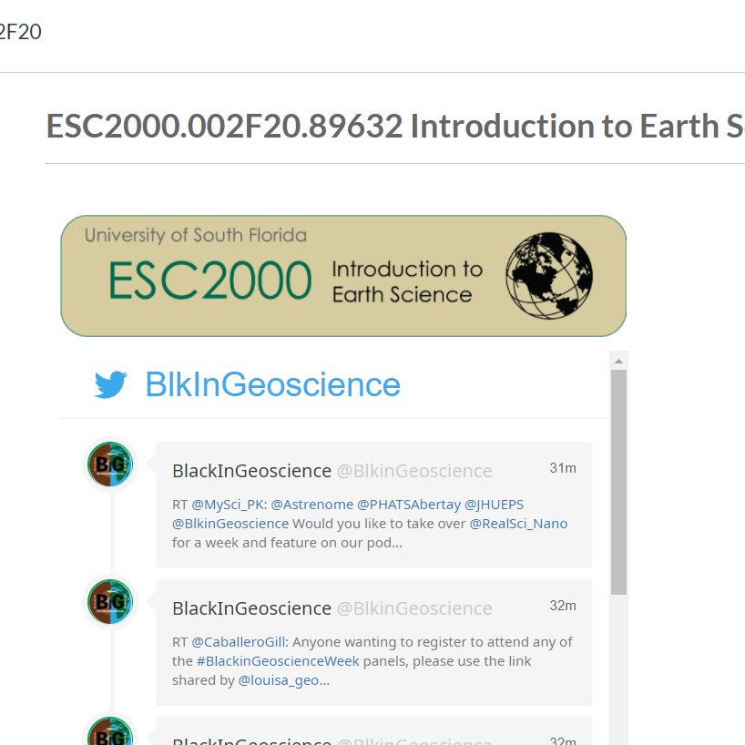 I'm talking up #BlackInGeoscienceWeek to my students. Canvas will let you embed Twitter feeds by hashtag or handle. This is my course's landing page this week.

#BlackGeoscientists #BlackInGeoscience #BiGWeek