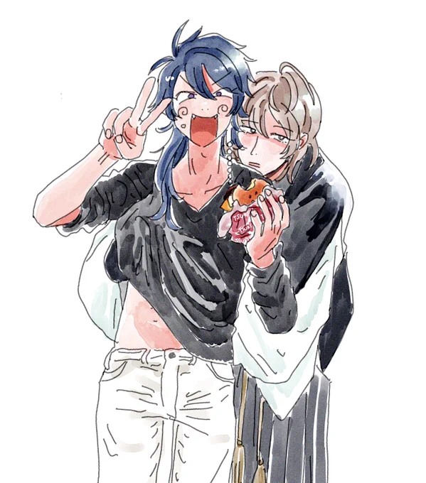 月見バーガーを食べる帝統と帝統の服に手を突っ込んでいる幻太郎の絵です 