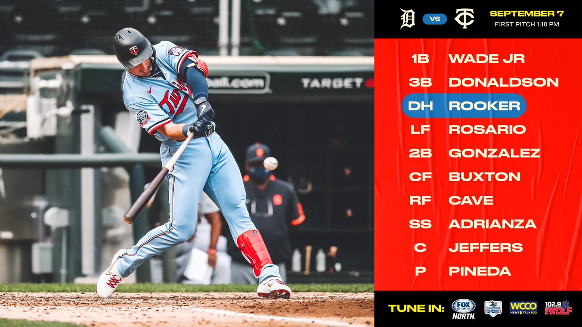 Twins's tweet photo. Here's how we line up for a Labor Day series finale vs the Tigers. https://t.co/XGSsydnbz7 #MNTwins https://t.co/agLKtPWVk0