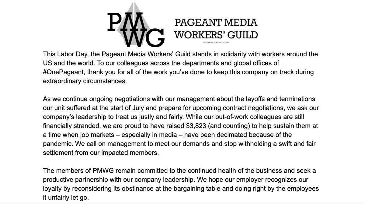 WeArePMWG's tweet photo. This Labor Day, the Pageant Media Workers’ Guild stands in solidarity with workers around the US and the world. To our colleagues across the global offices of #OnePageant, thank you for all of the work you’ve done to keep this company on track during extraordinary circumstances. https://t.co/1gS7SRnQJU