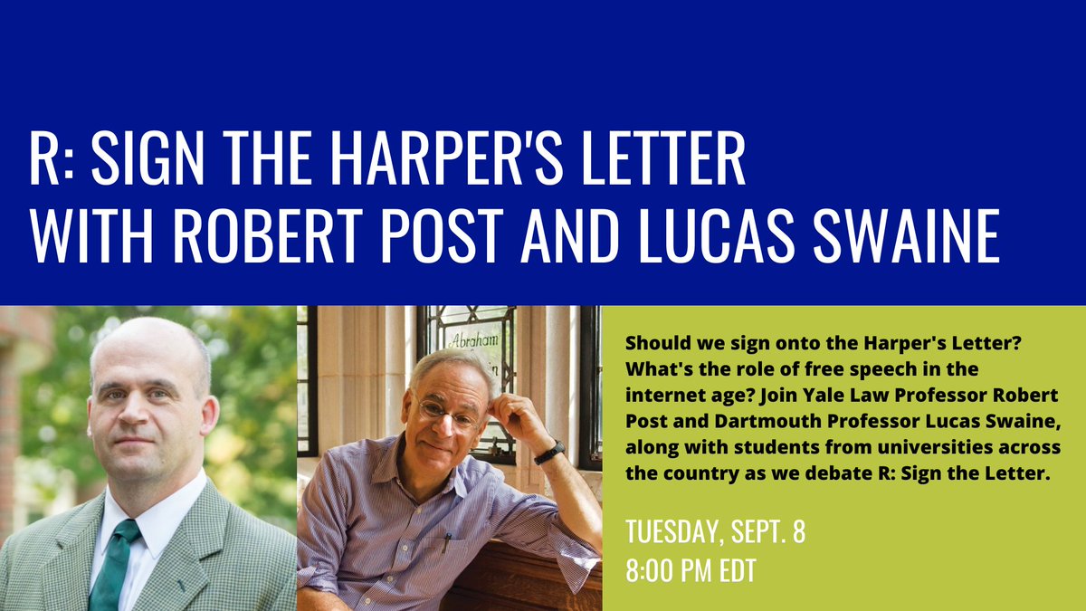 RESOLVED: SIGN THE HARPER'S LETTER Join us for an unprecedented debate co-hosted with Harvard, Yale, Princeton, Fordham, and Stanford on the Harper's Letter, 'cancel culture,' and the status of #freespeech in American society today. SIGN UP HERE: bit.ly/327tao5.