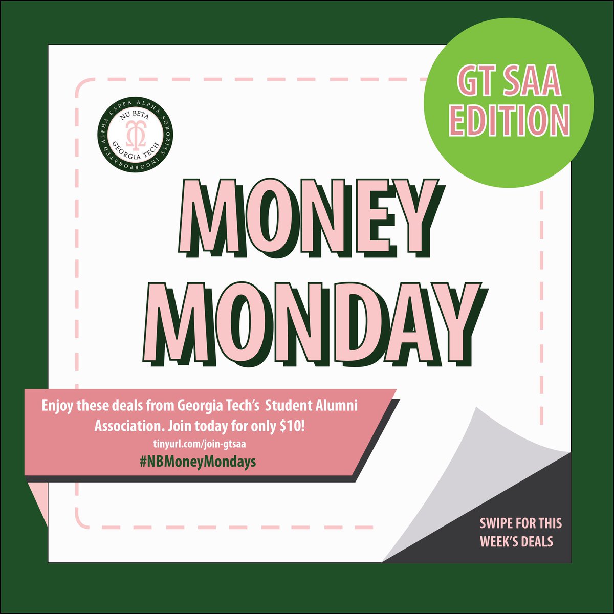 NuBeta1908's tweet photo. It’s Money Monday!! 💵
This week’s deals come from the Georgia Tech Student Alumni Association (SAA). Join today for only $10 and unlock the deals below! As you cash in on these deals, don’t forget to practice social distancing and wear your face mask. @GTSAA https://t.co/0IyxvTS02y