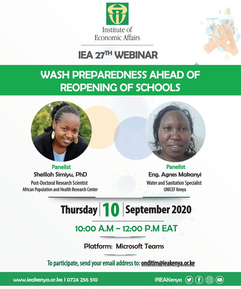IEAKenya's tweet photo. You're invited! Join us this THURSDAY, 10 September 2020 at 10:00 AM for our webinar on: WASH preparedness ahead of reopening of schools. @UNICEFKenya @AgnesMakanyi 
@Shyillah @ReinildeEppinga @OgejoW @SNVworld @RaphaelMuya3 @j2mutua @SNV_WASH @DrMercyKorir https://t.co/iIEWIVtNz8