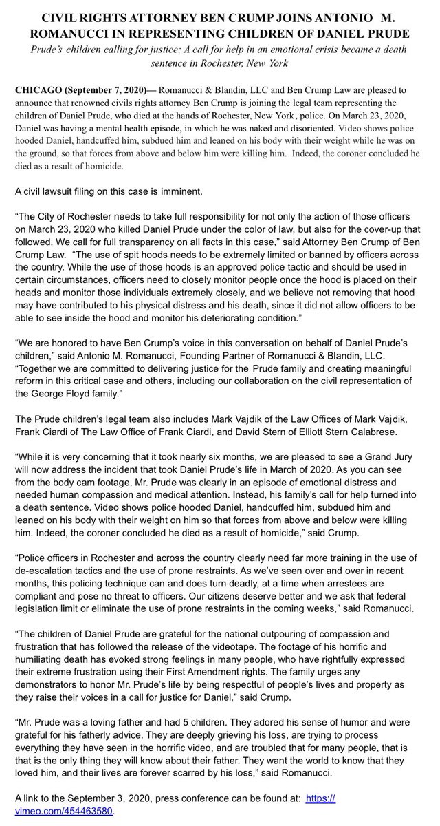 News Alert: <a href="/AttorneyCrump/">Ben Crump</a> of <a href="/BenCrumpLaw/">Ben Crump Law, PLLC</a> has joined @TonyRomanucci in representing the children of #DanielPrude, who died at the hands of <a href="/RochesterNYPD/">Rochester NY Police</a> this year. #JusticeForDanielPrude