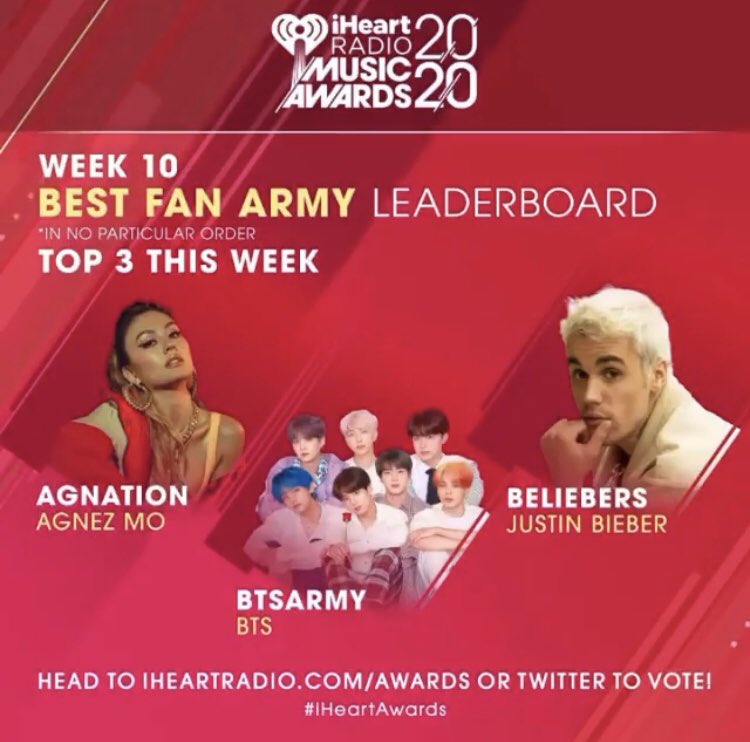 Dear AGnation’s... 

Masuk dlm nominasi #iHeartAwards 2020 kategori #BestFanArmy &amp; disandingan dgn musisi top dunia sampai masuk TOP 3 itu pencapaian yg luar biasa, BANGGA. 

Terima kasih atas kerja keras nya selama ini. Love yall! Tetap kompak ya ❤️ #AGNATION

btw, Congrats BTS.
