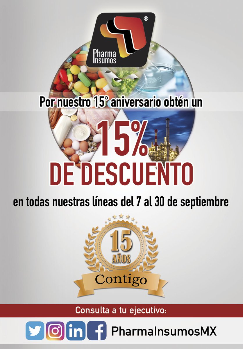 PharmaInsumosMX's tweet photo. Celebra con nosotros nuestro 15 Aniversario, pregunta con tu asesor de ventas, o al correo ventas@pharmainsumos.com #Aniversario #yosoypharmainsumos #calidad  #RedesSociales #estandaresdereferencia #Mexico #PT  #materialesdereferencia #descuentos #promociones https://t.co/XBUepGjwCH