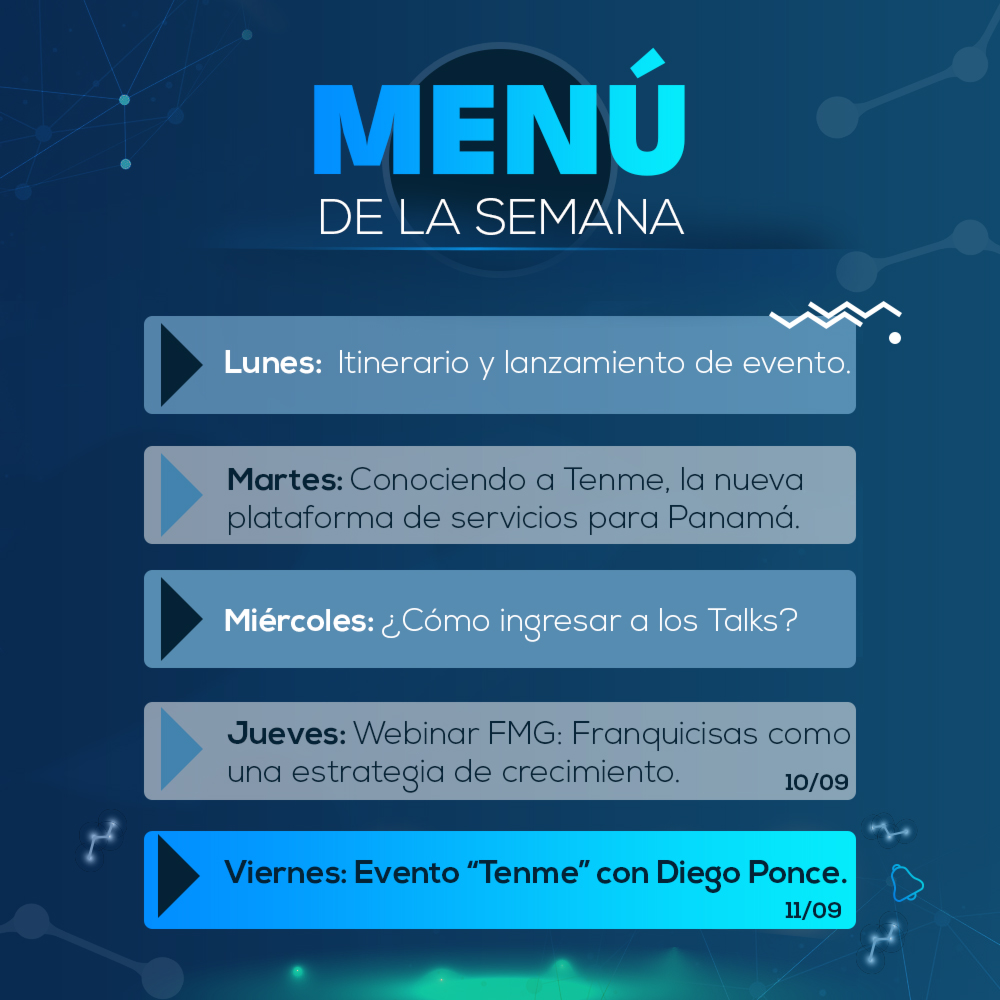 api_fed's tweet image. Iniciamos el Lunes con el Menú de la Semana, un itinerario de emprendedores con el fin de conectar, compartir y conocer esas nuevas posibilidades en el mundo de la economía digital. ⁣
⁣
Suscríbete ingresando al Link de cada evento 🤳🏻y forma parte de nuestra comunidad. 

👇