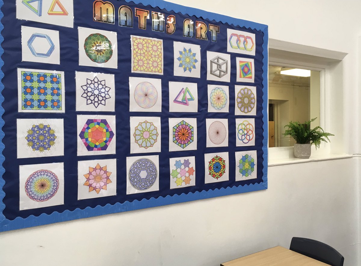 draustinmaths's tweet photo. I’ve put some of my summer #mathsart on display in my classroom to inspire students and encourage them to join Maths Art club. #MathsArtMonday https://t.co/IR7FshwKCA